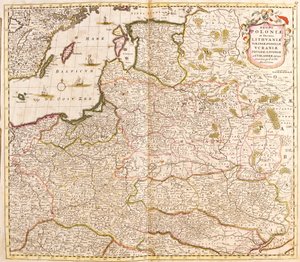Puolan kuningaskunnan, Liettuan ja Liivinmaan (Latvia) herttuakuntien (Baltian maat) ja Ukrainan kartta (etsaus)