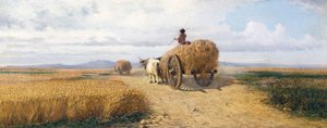 Wheatfield, noin 1868, maalaus Federico Rossano (1835-1912), öljy kankaalle, 30x73 cm tekijältä Frederico Rossano