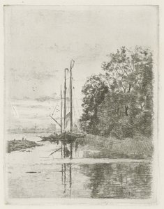 Näkymä joelle kahdella laivalla ja proomulla. tekijältä Fredericus Jacobus van Rossum du Chattel (signed by artist)