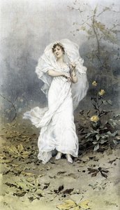 Nainen metsässä - Syksyn allegoria, kalenterin kuvittaja Hubert Dys, maalannut F.H. Kaemmerer
