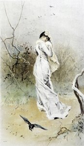 Nainen metsässä - allegoria alkutalvesta, kalenteri kuvittanut Hubert Dys, maalannut F.H. Kaemmerer