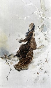 Nainen lumessa: Talven allegoria, kalenterin kuvittanut Hubert Dys, maalannut F.H. Kaemmerer
