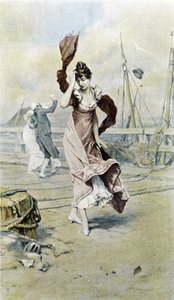 Nainen meren rannalla - allegoria varhaisesta keväästä, kalenteri kuvittanut Hubert Dys, maalannut F.H. Kaemmerer tekijältä Frederik Hendrik Kaemmerer