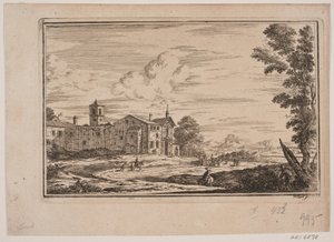 Luostarirakennus, vasemmalla italialaisessa maisemassa