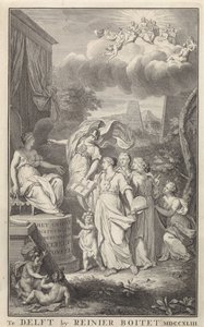Minerva ja taiteet valtaistuimelle nousseelle hahmolle Nimisivu: The Groot Natuur-en Zedekundigh Wereldtoneel, Delft, R. Boitet, 1743