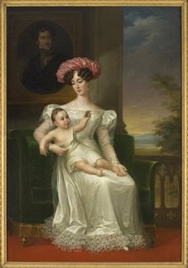 Josephine of Leuchtenberg, Ruotsin ja Norjan kuningatar (poikansa Kaarle XV sylissään, istuu kuningas Oscar I:n muotokuvan edessä) - Westinin Muotokuva Josephine Leuchtenbergistä (1807-1876), Ruotsin ja Norjan kuningatar , Fredric (1782-1862). Öljyä c