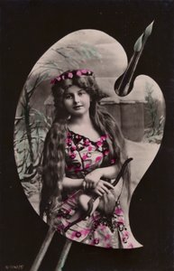 Nuori nainen kädessään jousi ja nuoli kuvattuna taiteilijapaletissa (sävytetty valokuvakollaasi) tekijältä French Photographer