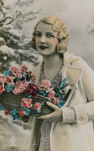 Bonne Annee, Onnellista Uutta Vuotta -postikortti lähetetty vuonna 1913 (käsin värjätty kuva) tekijältä French Photographer