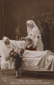 Lapset toivottavat hyvää uutta vuotta loukkaantuneelle isälleen, WW1 tekijältä French Photographer