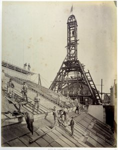 Pariisin kansallisen alennuslaskurin (tai CNEP:n: yksi neljästä BNP Paribasin perustamasta pankista) rakentaminen: lasin ja rakennustelineiden työntekijöitä (toukokuu 1881). Pariisi, Bhvp tekijältä French Photographer
