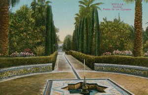 Cypress Walk, Alcazar, Sevillassa, Espanjassa. Postikortti lähetetty 1913. tekijältä French Photographer