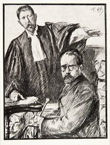 Dreyfus oikeudenkäynnissä, julkaisusta History of the Third Republic, osa. I, Poliittinen historia, pub.1933 (litho) tekijältä French Photographer