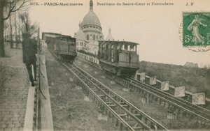Köysirata ylös Montmartresta Sacre-Coeuriin Pariisissa. Postikortti lähetetty 1913. tekijältä French Photographer