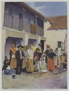 Mustalaiskutojat Trianassa, Sevillan esikaupunkialueella (värilitho) tekijältä French Photographer