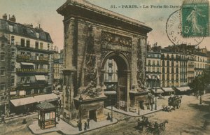Porte Saint-Denis Pariisissa, Ranskassa. Postikortti lähetetty 1913. tekijältä French Photographer