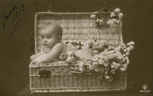 Postikortti vauvasta pajukorissa kukkien kanssa, lähetetty tammikuussa 1913 tekijältä French Photographer