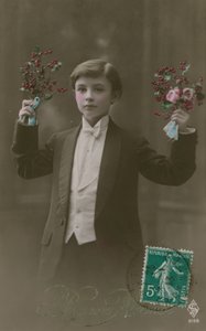 Postikortti valkoisella solmiolla ja hännällä pukeutuneesta pojasta, jolla on kukkia ja marjoja, lähetetty vuonna 1913 (käsinvärinen kuva) tekijältä French Photographer