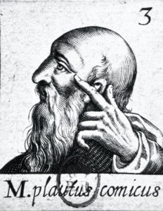 (myötäpäivään vasemmalta) Horatiuksen muotokuva (65-8 eKr.); muotokuva Scipio Aemilianuksesta (Africanus Minor) (185-129 eKr.); Plautuksen (n. 254-184 eKr.) muotokuva (84908:n yksityiskohta) tekijältä French School