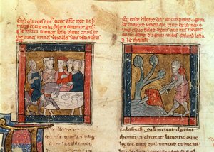 184 Fr.110 f.405 Galahad tulee Arthurin luo ja Galahad vetää miekan kelluvasta kivestä Camelotissa, n. 1250-80 (katso myös 150479) tekijältä French School