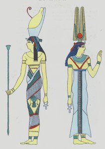 1920-luvun muinaisen Egyptin aikakauden jumaluuksien kuvaus (värilitografia). tekijältä French School