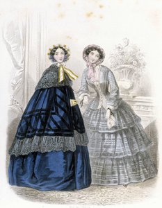 2 muodikasta naista: asussa - "" Journal des Demoiselles"" 1852 (kaiverrus) tekijältä French School