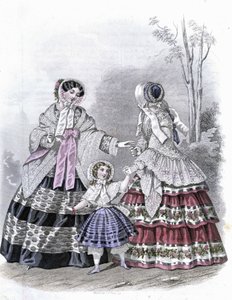 2 muodikasta naista tytön kanssa kävelyllä - "Journal des Demoiselles" -lehdessä 1852. tekijältä French School