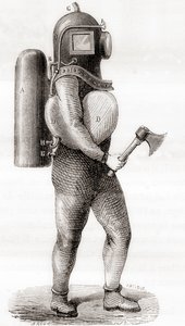 1800-luvun amerikkalainen syvänmeren sukelluspuku, "Les Merveilles de la Science", julkaistu noin 1870 (kaiverrus) tekijältä French School