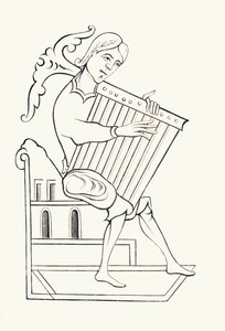 800-luvun muusikko, joka soittaa psalterium-instrumenttia, Les Arts au Moyen Age, julkaistu 1873 (litho) tekijältä French School