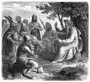 Bard lausumassa pohjoismiehille, n. 1882 (puukaiverrus) tekijältä French School
