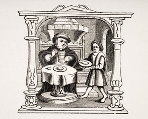 Burgess syömässä ateriansa 1500-luvun käsikirjoituksen kuvituksen jälkeen Paul Lacroixin (1806-84) Le Moyen Age et La Renaissance -julkaisusta, julkaistu 1847 tekijältä French School