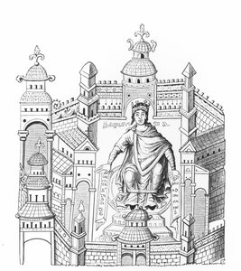 Karlovingien kuningas palatsissaan, joka persoonallisti koko ihmiskuntaan vetoavaa viisautta käsikirjoituksen pienoismallin jälkeen, jonka on kopioinut kreivi Horace de Viel-Castel (1798-1864) tekijältä French School