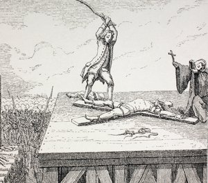 Kuolemaan tuomittu rikollinen, joka rikottiin Pyhän Andreaksen ristillä 1700-luvulla, 1875 tekijältä French School