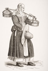 Munien jälleenmyyjä, Cesare Vecellion (1521-1601) 1500-luvun puupiirros Paul Lacroixin (1806-84) teoksesta "Le Moyen Age et La Renaissance", julkaistu 1847 tekijältä French School