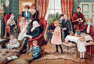 Perhe juomassa teetä, n. 1900 (väri litho) tekijältä French School