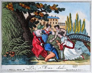 Peli "La Main Chaude" ("Hot Cockles"), 1800-luvun alku (värikaiverrus) tekijältä French School
