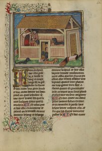 Kenneloituja koiria hoitava metsästäjä, n. 1430-1440 (tempera, kulta, hopea maali ja lehti pergamentilla) tekijältä French School