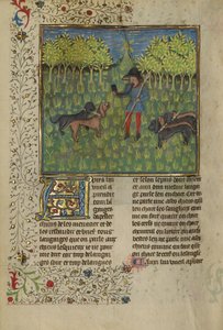 Metsästäjä kouluttaa koiria vastaamaan sarven kutsuun, n. 1430-1440 (tempera, kulta- ja hopeamaalia ja kultalehtiä pergamentilla) tekijältä French School