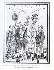 Astronomian oppitunti, St. Louisin breviaarista, kuvitus tieteestä ja kirjallisuudesta keskiajalla ja renessanssilla, kirjoittanut ja kaivertanut Paul Lacroix, 1878 (bw photo tekijältä French School