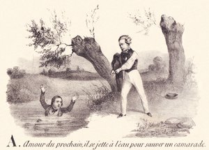 V: Lähimmäisen rakkaus, hän heittäytyy veteen pelastaakseen toverinsa. tekijältä French School