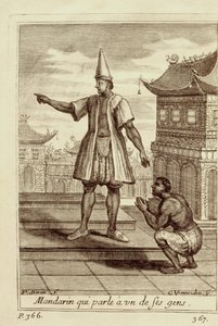 Mandariinimies puhumassa yhdelle ihmisistään, Guy Tachardin teoksesta Voyage du Siam des Peres Jesuites, 1688 tekijältä French School