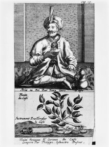 Kahvinkeitin, kuvitus Philippe Sylvestre Dufourin uudesta ja uteliaasta kahvia, teetä ja suklaata käsittelevästä traktaatista, La Haye, julkaistu 1693 tekijältä French School