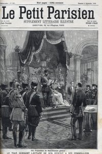 Ehdotus yleisestä aseistariisunnasta (tehty eurooppalaisille maille) - Tsaari Nikolai II (1868-1918) lukee käsikirjoituksensa neuvonantajilleen. Le Petit Parisien tekijältä French School