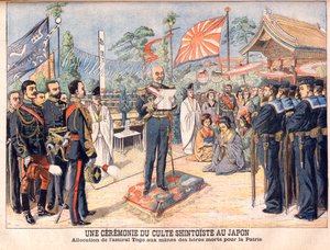 Shintolaisuusseremonia Japanissa. Amiraali Togo puhuu Venäjän ja Japanin sodassa kuolleiden japanilaisten sankareiden hengille Shintolaisen palvonnan seremonia Japanissa. Admiral Togon (Togo Heihachiron) puhe tekijältä French School