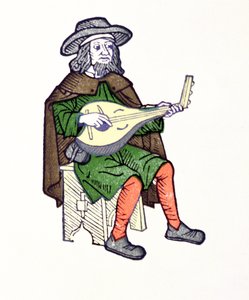 Luuttoa soittava trubaduuri, 1200-luvun alusta, laulaja Aucassin et Nicolette tekijältä French School