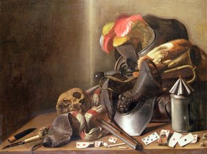 Vanitas-asetelma, jossa on pääkallo, pelikortit ja panssari, n. 1650 (öljy kankaalle) tekijältä French School