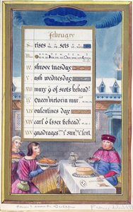 Viktoriaaninen kalenteriarkki helmikuulle, jossa on kuvitus Anne de Bretagnen (1488-1514) tuntikirjasta tekijältä French School