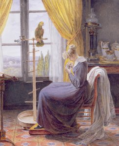 Nainen ruokkimassa papukaijaa sisätiloissa, n. 1820 (wc, guassi paperilla) tekijältä French School