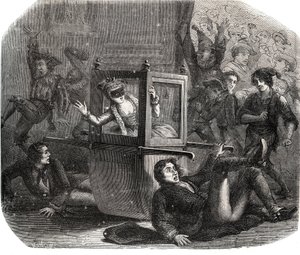Jokerit estävät Marie-Theresen (Marie Therese) Le Vasseurin (Levasseur) (1721-1801), karnevaaliasun, etenemisen pyörätuolissaan. Hän on erään entisen rakastajan koston uhri. Kaiverrus vuodelta 1871 kirjassa "Histoire Des Cocus C tekijältä French School
