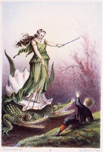 Poika naisen edessä, joka on kahden krokotiilin vetämän säiliön selässä - H. de la Blanchèren teoksessa "Matka merenpohjaan". Pariisi, toim. Jouvet et Cie, sd. 1880. tekijältä French School