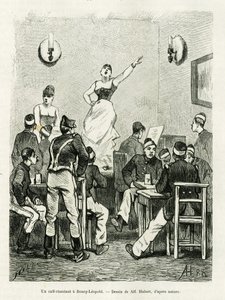 Kahvila laulaa Bourg Leopoldissa. A.Hubertin kaiverrus havainnollistamaan tarinaa La Belgique, kirjoittanut Camille Lemonnier, in le tour du monde 1886, ohjannut Edouard Charton (1807-1890), Hachette, Paris. tekijältä French School
